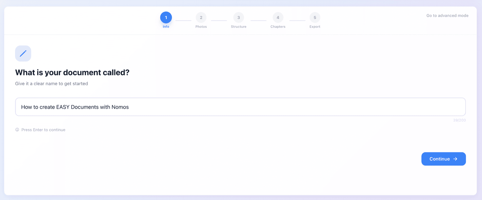 Step 1 of the Nomos wizard: the field where you name the document before generating it, with the Info, Photos, Structure, Chapters and Export step bar