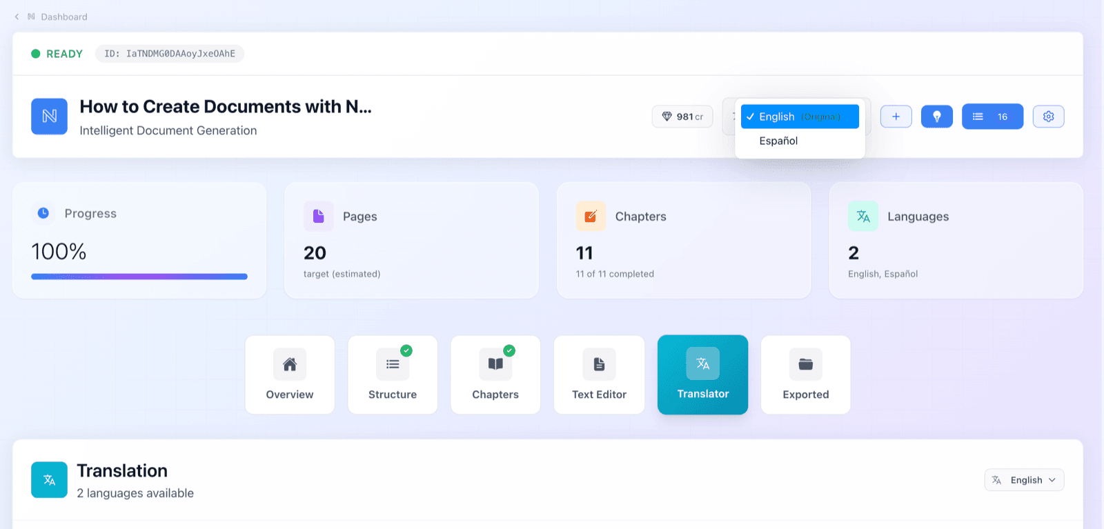 Translated document in Nomos with language switcher and translation panel