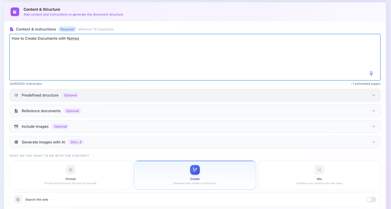 Content creation panel in Nomos with Format, Create or Mix options and web search enabled