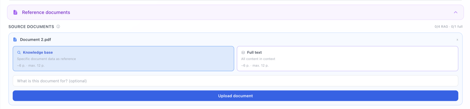 Uploading reference documents in Nomos with the option to use the knowledge base or the full text