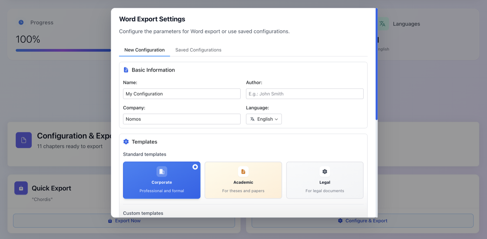 Word export templates in Nomos: Corporate, Academic and Legal