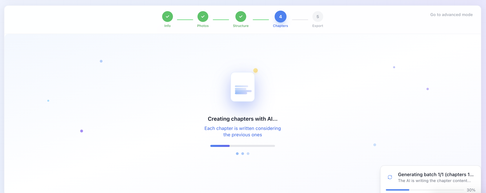 AI chapter generation screen in Nomos, writing each chapter coherently