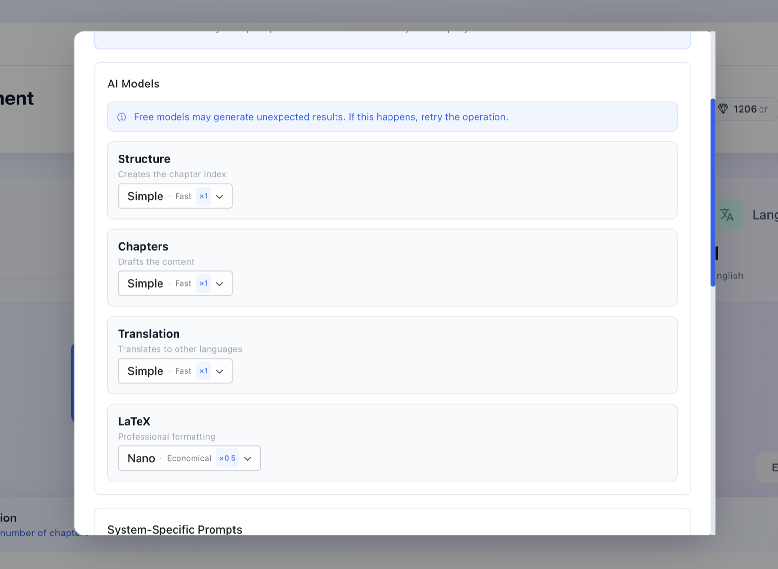 AI model configuration panel in Nomos by task: structure, chapters, translation and LaTeX