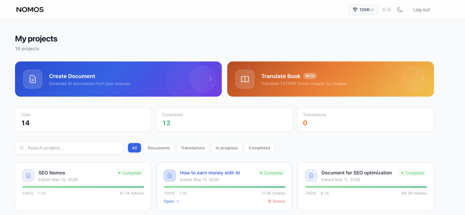 Nomos projects dashboard showing documents generated with a multi-agent architecture